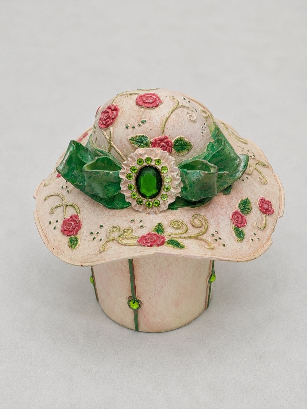 Sarna Stepping Out Floral Top Hat Trinket Box Green Rhinestone Collectible